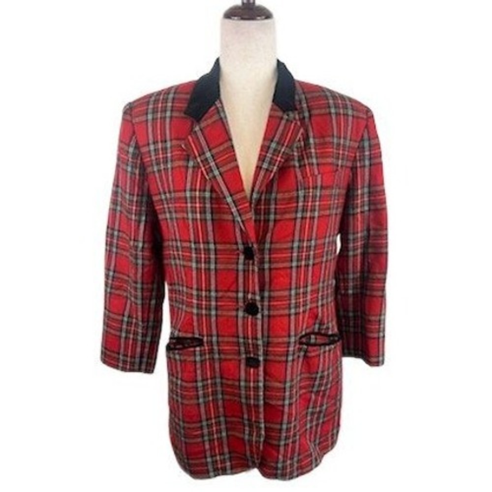 80s Casual Corner Vintage Red Tartan Plaid Wool Blazer Velvet Collar Size 12